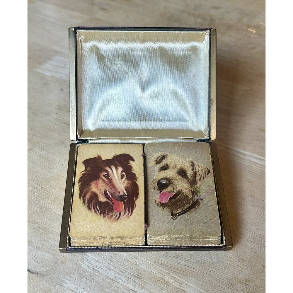 Vintage Duratone Plastic Coated Double Deck Floral Playing Cards w/leather case